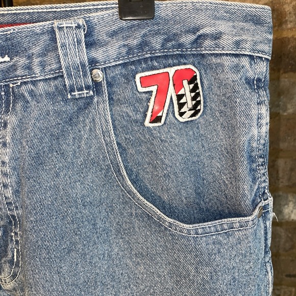 Brooklyn Express Jeans Men Baggy Denim Embroidered Racing Patches Vintage Sz 34 - Picture 3 of 10